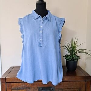 LOFT Light Blue Sleeveless Blouse Women's Size XXL Chambray Ruffle NEW